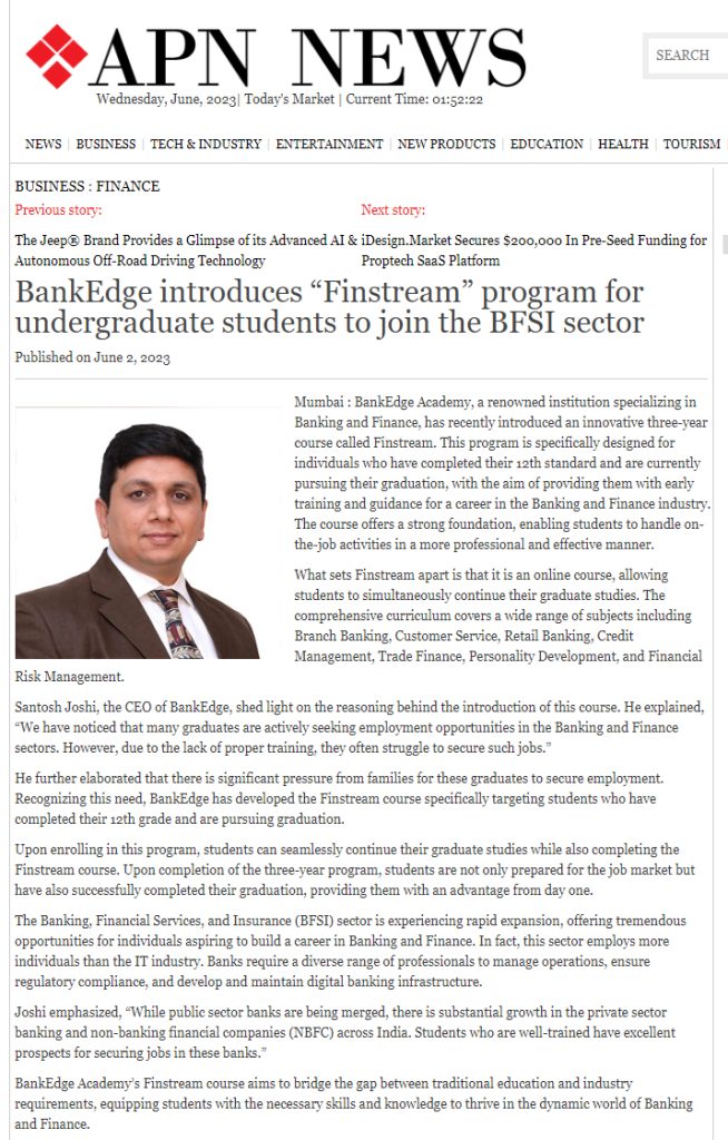 BankEdge introduces “Finstream” program for undergraduate students to join the BFSI sector