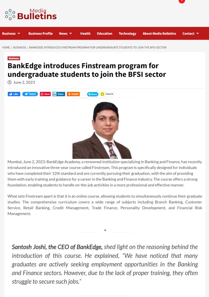 BankEdge introduces Finstream program for undergraduate students to join the BFSI sector